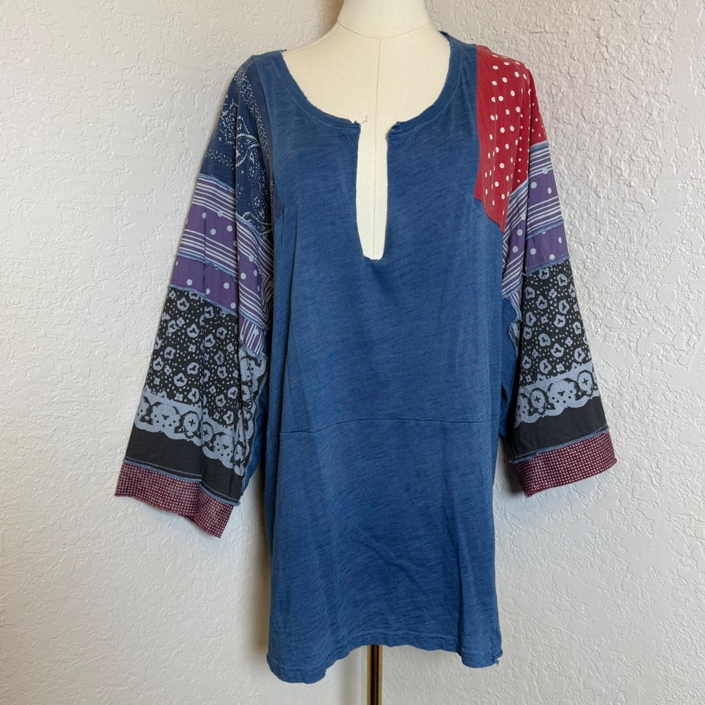 Tunic We The Free Women M Blue Patchwork Bandana Boho Oversized Keyhole Top